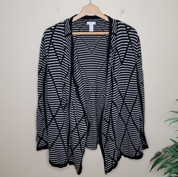 Chico's | Black White Striped Geometric Print Open Front Cardigan Sweater - Picture 1 of 5